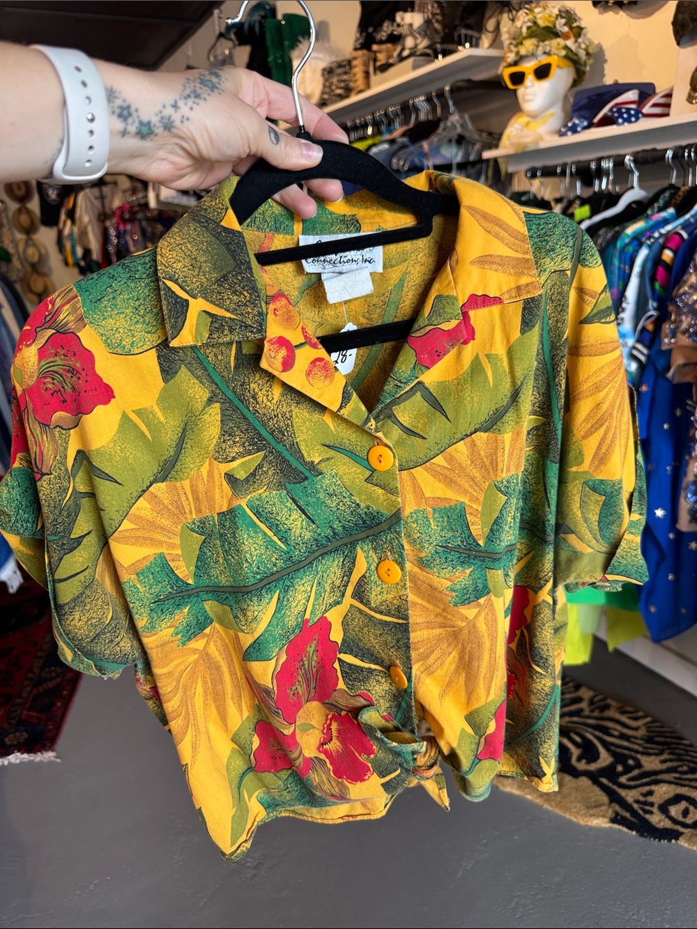 Vintage California Connections Yellow Tropical Print Tie-Front Shirt